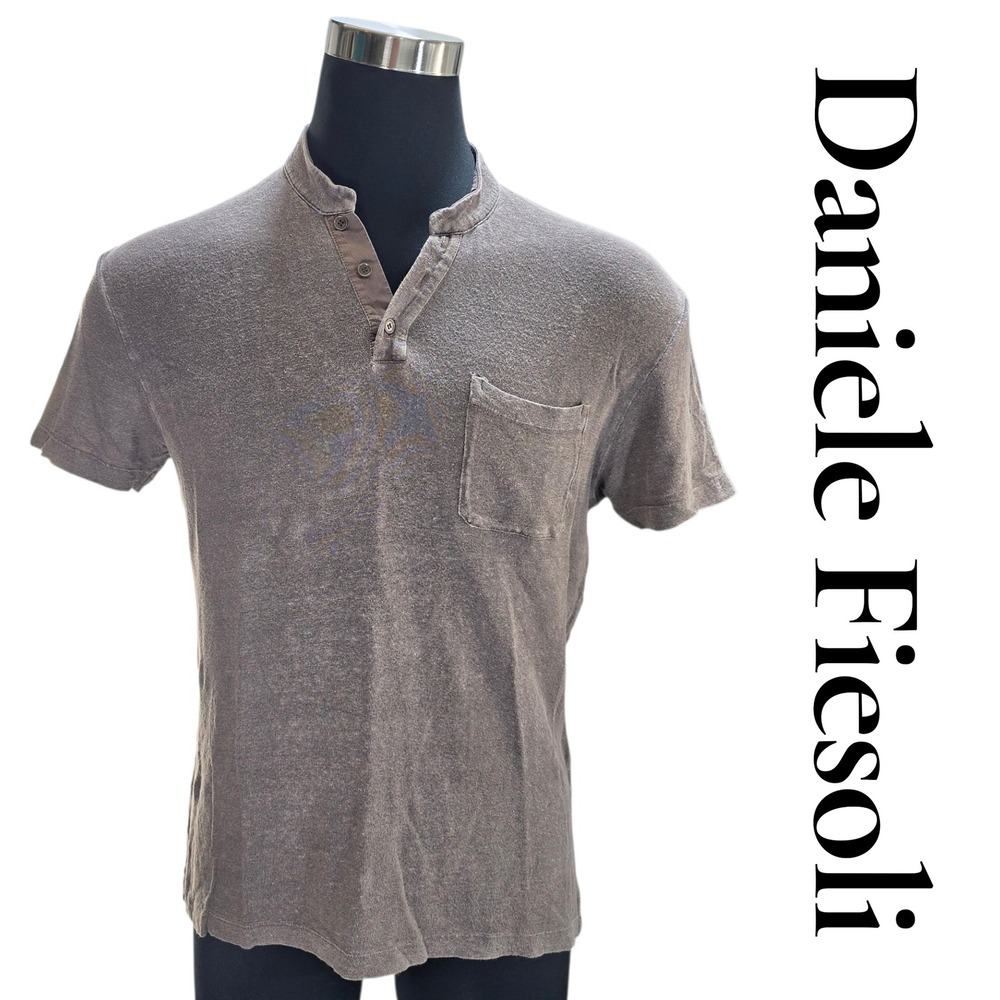 Daniele Fiesoli Henley M Brown Linen Blend Italy Band Collar Luxury Minimalist